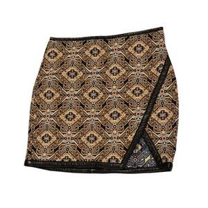 Express Jacquard Faux Leather Trim Mini Skirt Women’s 0 Slit Y2K Tapestry Aztec